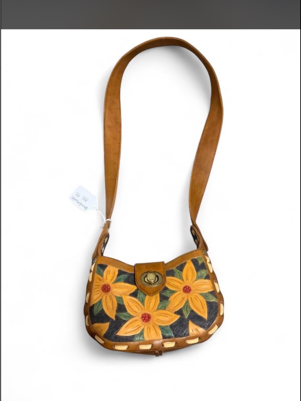 Yellow Floral Tooled Leather Shoulder Bag